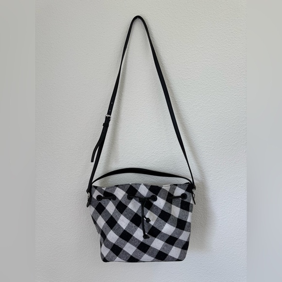 Talbots Black and Gray Buffalo Plaid Drawstring Bucket Crossbody Bag - Picture 3 of 12